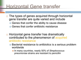 Horizontal Gene transfer
 The types of genes acquired through horizontal
gene transfer are quite varied and include
 Genes that confer the ability to cause disease
 Genes that confer antibiotic resistance
 Horizontal gene transfer has dramatically
contributed to the phenomenon of acquired
antibiotic resistance
 Bacterial resistance to antibiotics is a serious problem
worldwide
 In many countries, nearly 50% of Streptococcus
pneumoniae strains are resistant to penicillin
 