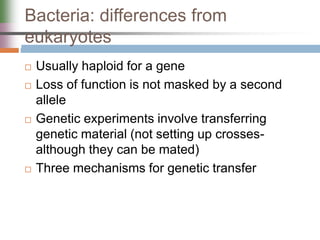 Bacteria: differences from
eukaryotes
 Usually haploid for a gene
 Loss of function is not masked by a second
allele
 Genetic experiments involve transferring
genetic material (not setting up crosses-
although they can be mated)
 Three mechanisms for genetic transfer
 
