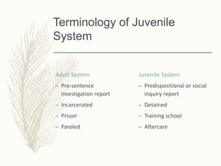 Terminology of Juvenile
System
Adult System
– Pre-sentence
investigation report
– Incarcerated
– Prison
– Paroled
Juvenile System
– Predispositional or social
inquiry report
– Detained
– Training school
– Aftercare
 