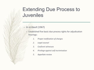 Extending Due Process to
Juveniles
– In re Gault (1967)
– Established five basic due process rights for adjudication
hearings:
1. Proper notification of charges
2. Legal counsel
3. Confront witnesses
4. Privilege against self-incrimination
5. Appellate review
 