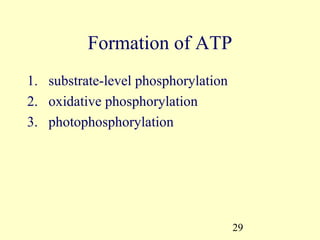 Formation of ATP
1. substrate-level phosphorylation
2. oxidative phosphorylation
3. photophosphorylation




                                     29
 