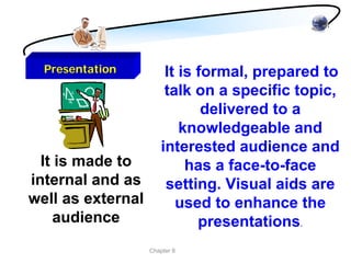 Presentation          It is formal, prepared to
                        talk on a specific topic,
                               delivered to a
                           knowledgeable and
                       interested audience and
  It is made to             has a face-to-face
internal and as         setting. Visual aids are
well as external          used to enhance the
     audience                 presentations.
                   Chapter 8
 