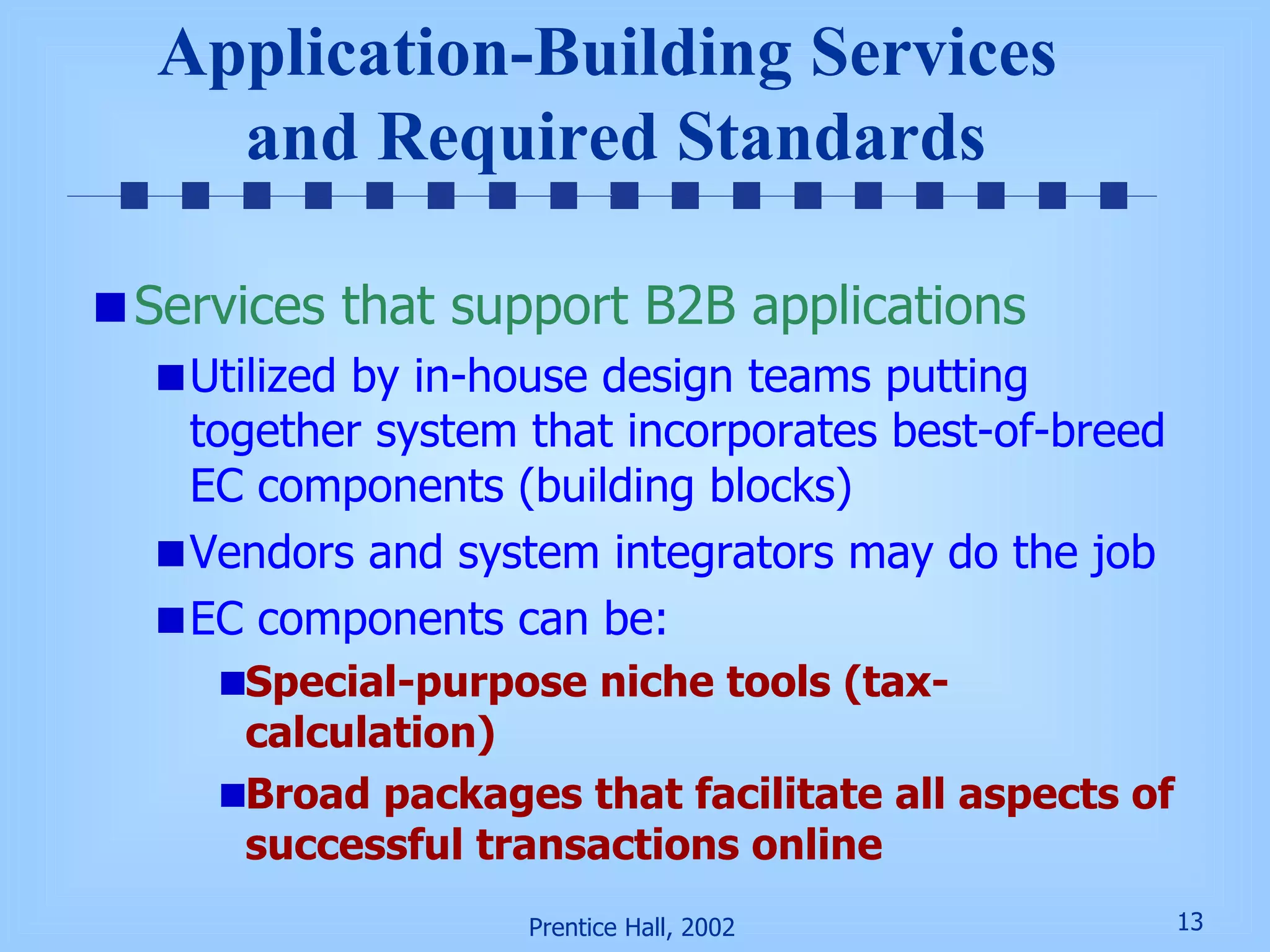 Application-Building Services  and Required Standards Services that support B2B applications Utilized by in-house design teams putting together system that incorporates best-of-breed EC components (building blocks) Vendors and system integrators may do the job EC components can be: Special-purpose niche tools (tax-calculation) Broad packages that facilitate all aspects of successful transactions online 