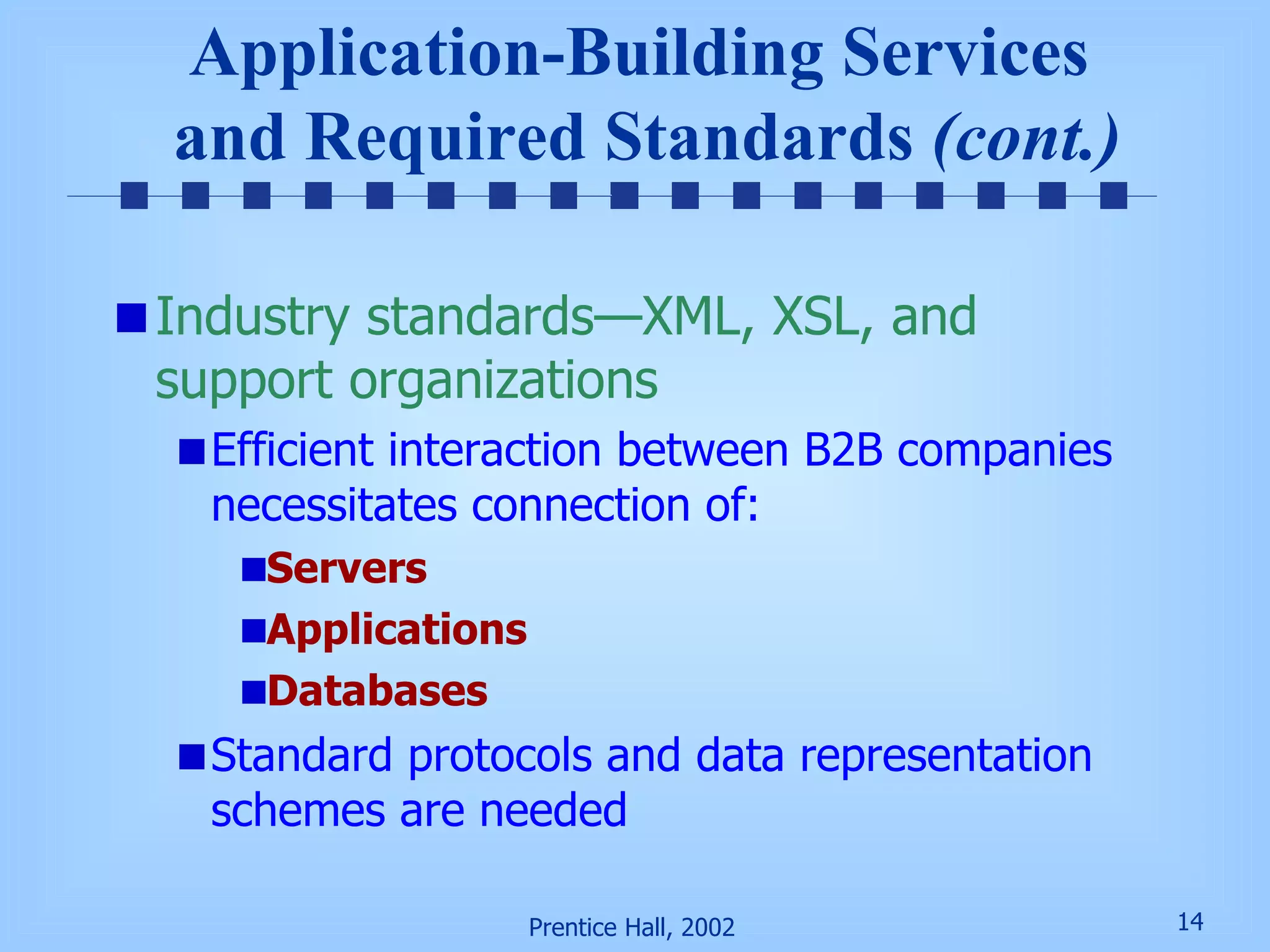 Application-Building Services  and Required Standards  (cont.) Industry standards—XML, XSL, and support organizations Efficient interaction between B2B companies necessitates connection of: Servers Applications Databases Standard protocols and data representation schemes are needed 