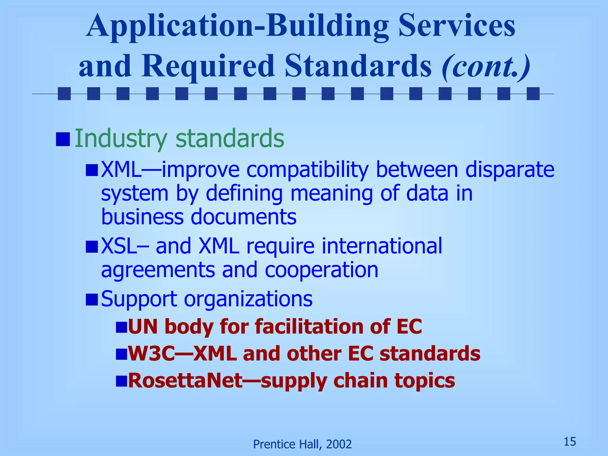 Application-Building Services  and Required Standards  (cont.) Industry standards XML—improve compatibility between disparate system by defining meaning of data in business documents XSL– and XML require international agreements and cooperation Support organizations UN body for facilitation of EC W3C—XML and other EC standards RosettaNet—supply chain topics 