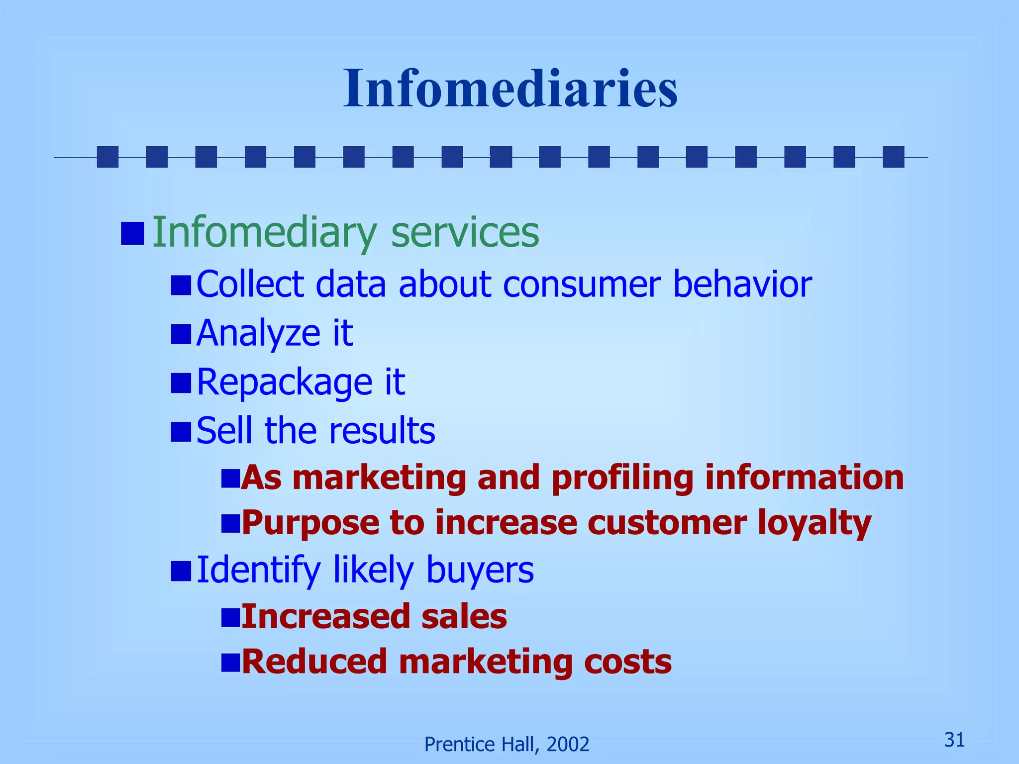 Infomediaries Infomediary services Collect data about consumer behavior Analyze it Repackage it Sell the results As marketing and profiling information Purpose to increase customer loyalty Identify likely buyers Increased sales Reduced marketing costs 