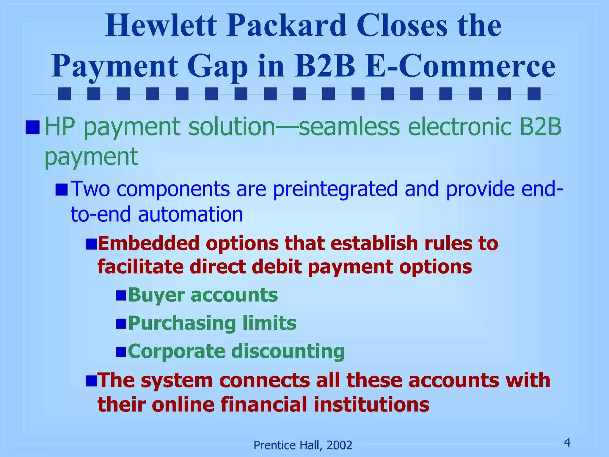 Hewlett Packard Closes the Payment Gap in B2B E-Commerce HP payment solution—seamless  electronic B2B payment Two components are preintegrated and provide end-to-end automation Embedded options that establish rules to facilitate direct debit payment options Buyer accounts Purchasing limits Corporate discounting The system connects all these accounts with their online financial institutions 
