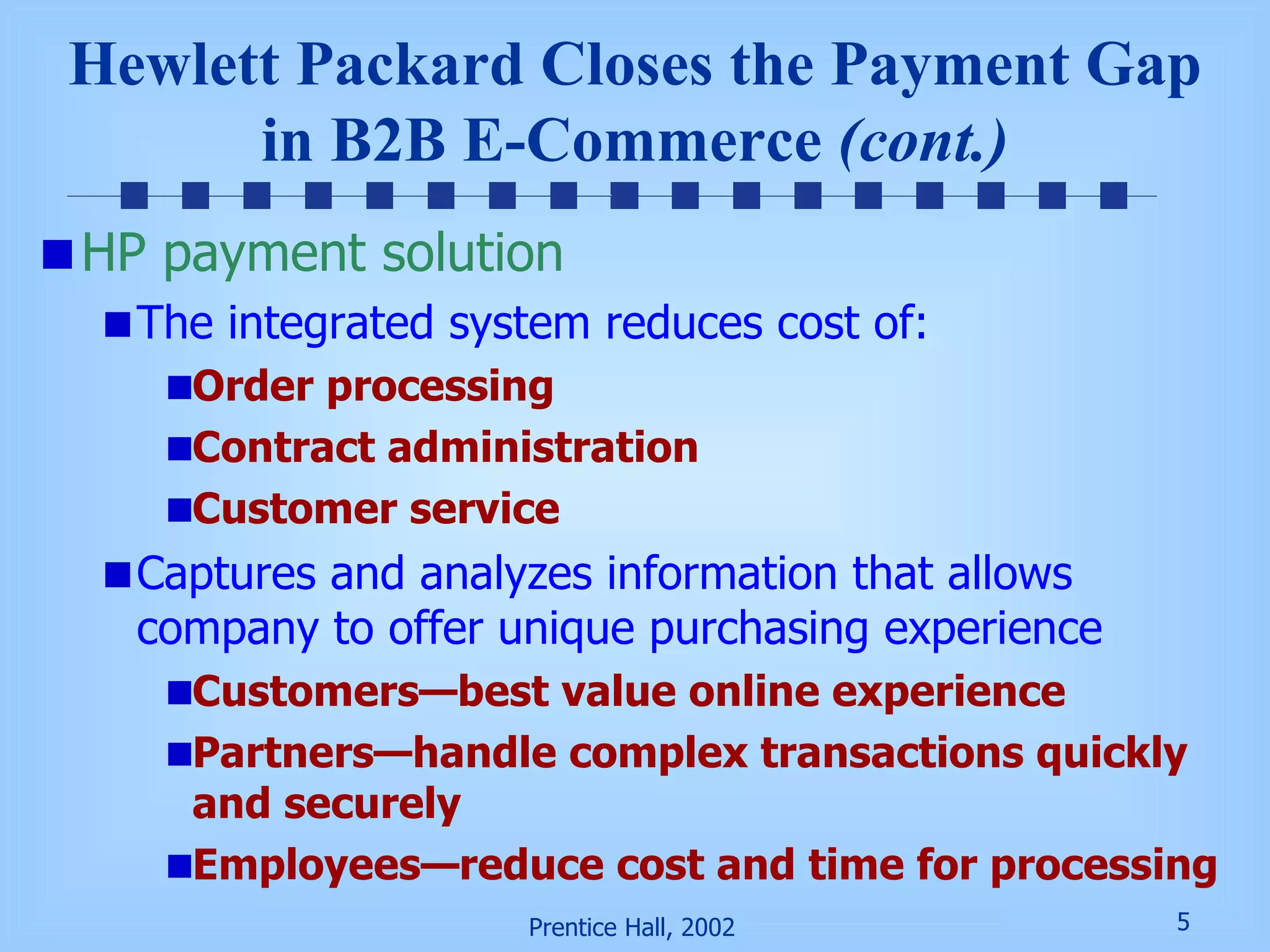 Hewlett Packard Closes the Payment Gap in B2B E-Commerce  (cont.) HP payment solution The integrated system reduces cost of:  Order processing Contract administration Customer service Captures and analyzes information that allows company to offer unique purchasing experience Customers—best value online experience Partners—handle complex transactions quickly and securely Employees—reduce cost and time for processing 