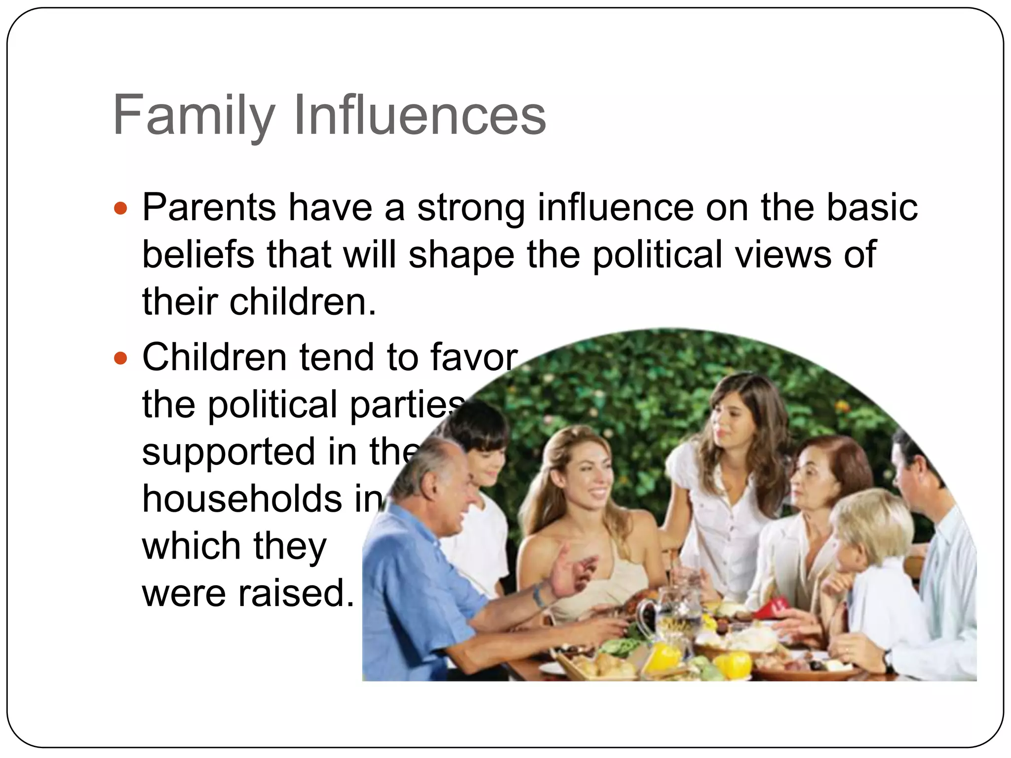 Family Influences
 Parents have a strong influence on the basic
beliefs that will shape the political views of
their children.
 Children tend to favor
the political parties
supported in the
households in
which they
were raised.
 