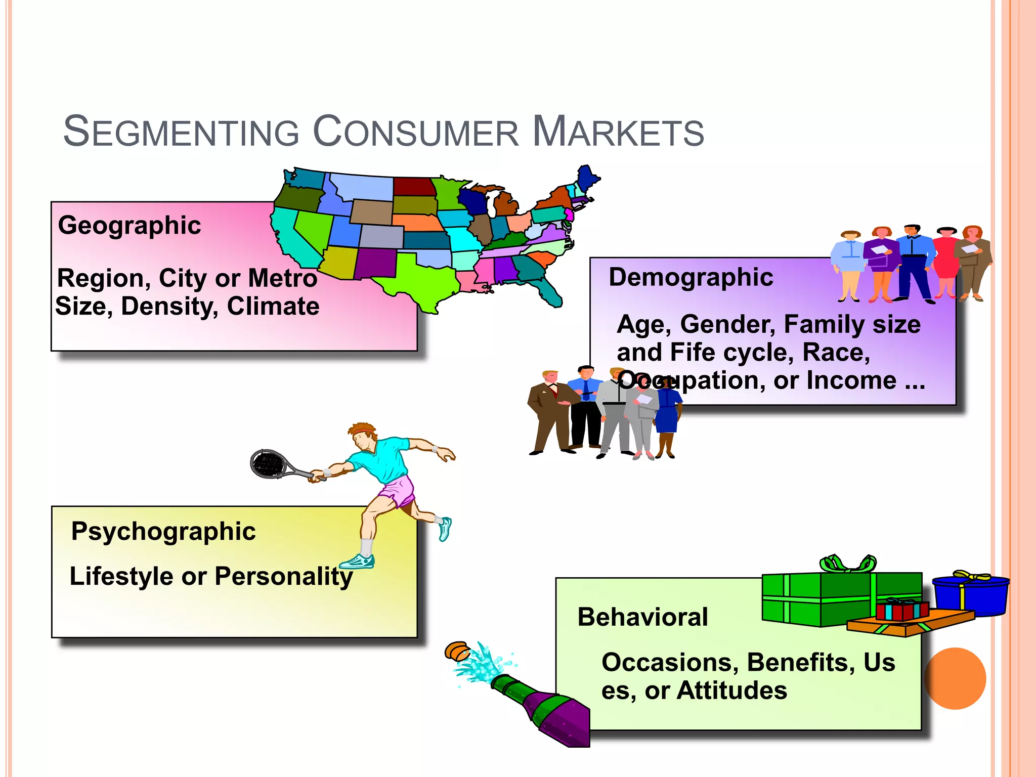 Segmenting Consumer MarketsGeographicRegion, City or MetroSize, Density, ClimateDemographicAge, Gender, Family size and Fife cycle, Race, Occupation, or Income ...PsychographicLifestyle or PersonalityBehavioralOccasions, Benefits, Uses, or Attitudes