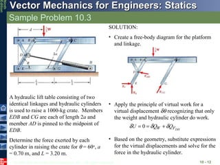 Sample Problem 10.3 10 -  A hydraulic lift table consisting of two identical linkages and hydraulic cylinders is used to raise a 1000-kg crate.  Members  EDB  and  CG  are each of length 2 a  and member  AD  is pinned to the midpoint of  EDB .  Determine the force exerted by each cylinder in raising the crate for    = 60 o ,  a  = 0.70 m, and  L  = 3.20 m. Based on the geometry, substitute expressions for the virtual displacements and solve for the force in the hydraulic cylinder. Apply the principle of virtual work for a virtual displacement    recognizing that only the weight and hydraulic cylinder do work. SOLUTION: Create a free-body diagram for the platform and linkage. 