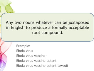 Example:
Ebola virus
Ebola virus vaccine
Ebola virus vaccine patent
Ebola virus vaccine patent lawsuit
Any two nouns whatever can be juxtaposed
in English to produce a formally acceptable
root compound.
 