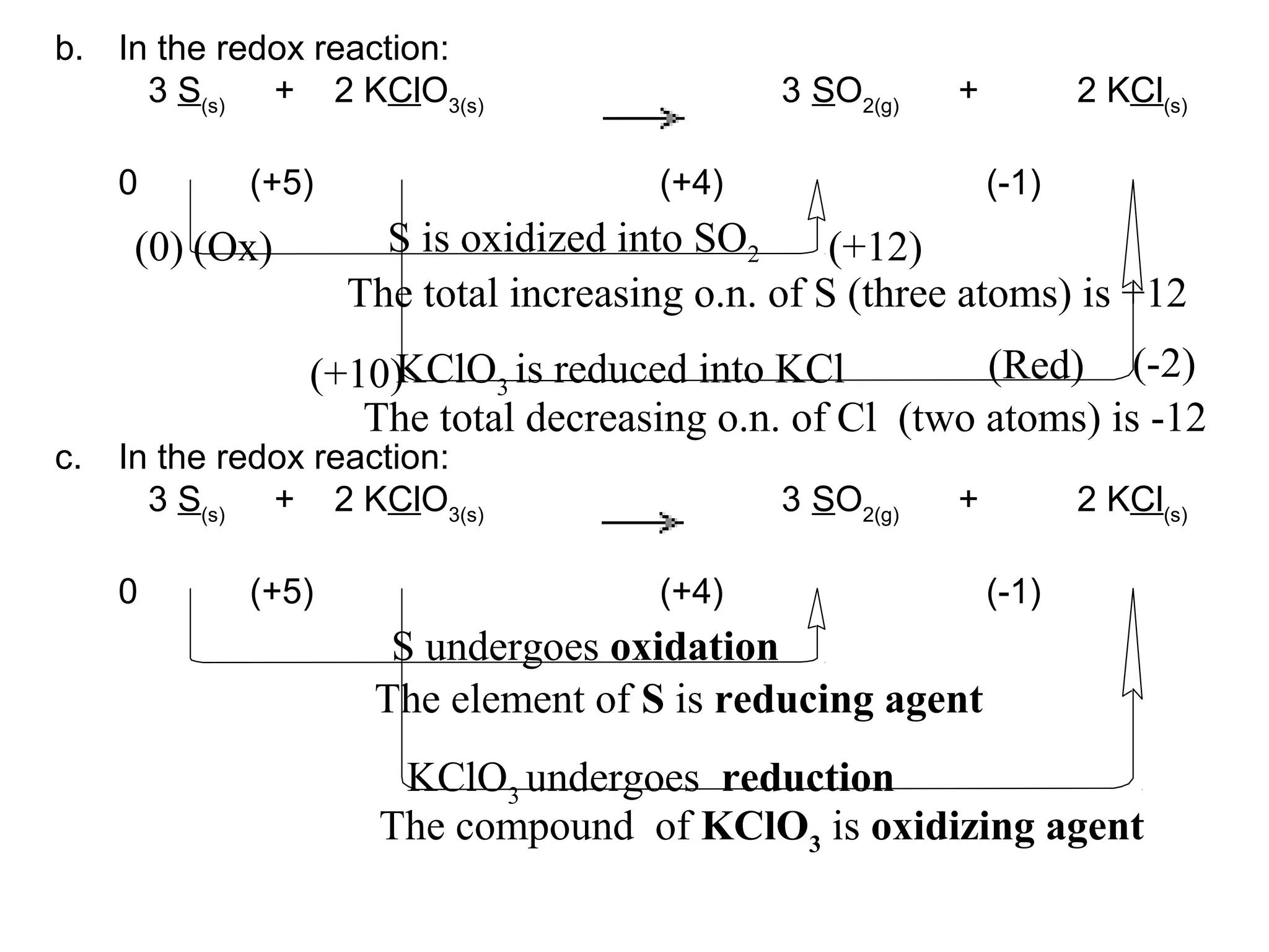 b. In the redox reaction:
3 S(s)
+ 2 KClO3(s)
3 SO2(g)
+ 2 KCl(s)
0 (+5) (+4) (-1)
(0) (+12)
(+10) (-2)
The total increasing o.n. of S (three atoms) is +12
The total decreasing o.n. of Cl (two atoms) is -12
S is oxidized into SO2
KClO3
is reduced into KCl
c. In the redox reaction:
3 S(s)
+ 2 KClO3(s)
3 SO2(g)
+ 2 KCl(s)
0 (+5) (+4) (-1)
S undergoes oxidation
KClO3
undergoes reduction
The element of S is reducing agent
The compound of KClO3
is oxidizing agent
(Ox)
(Red)
 