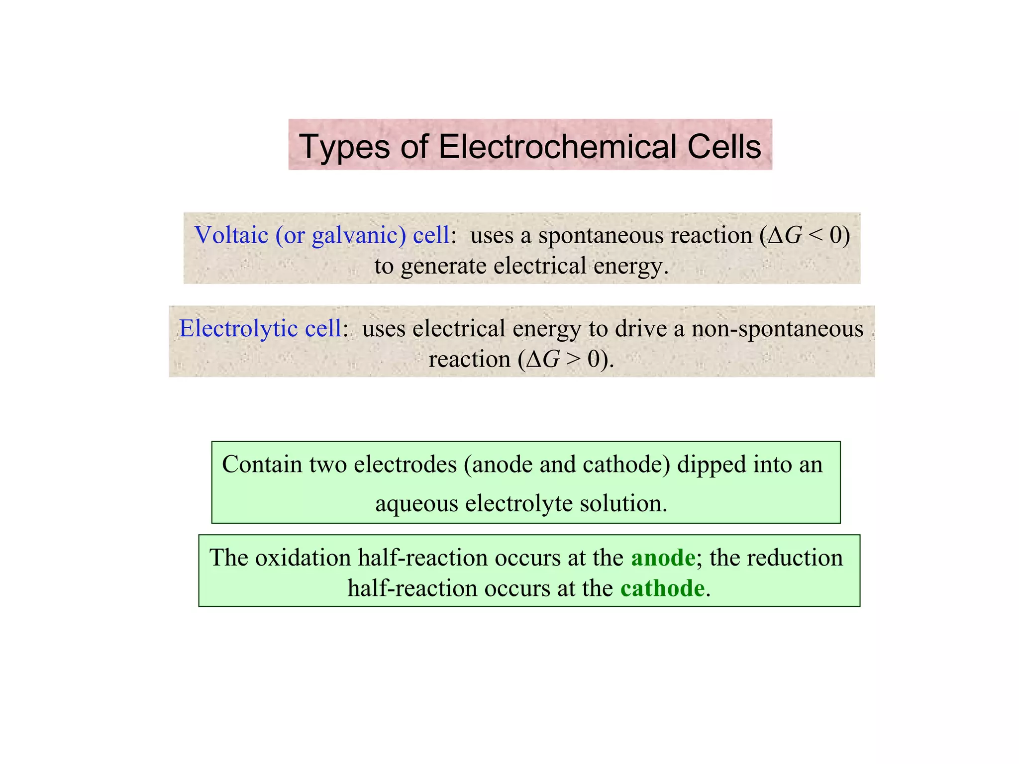 Types of Electrochemical Cells
Voltaic (or galvanic) cell: uses a spontaneous reaction (∆G < 0)
to generate electrical energy.
Electrolytic cell: uses electrical energy to drive a non-spontaneous
reaction (∆G > 0).
Contain two electrodes (anode and cathode) dipped into an
aqueous electrolyte solution.
The oxidation half-reaction occurs at the anode; the reduction
half-reaction occurs at the cathode.
 