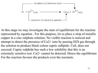 12
At this stage we may investigate the state of equilibrium for the reaction
represented by equation . For this purpose, let us place a strip of metallic
copper in a zinc sulphate solution. No visible reaction is noticed and
attempt to detect the presence of Cu2+ ions by passing H2S gas through
the solution to produce black colour cupric sulhpide. CuS, does not
succeed. Cupric sulphide has such a low solubility that this is an
extremely sensitive test. Cu2+ cannot be detected. Hence the equilibrium
For the reaction favours the products over the reactants.
 