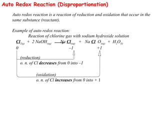 Auto Redox Reaction (Disproportionation)
Auto redox reaction is a reaction of reduction and oxidation that occur in the
same substance (reactant).
Example of auto redox reaction:
Reaction of chlorine gas with sodium hydroxide solution
Cl2(g)
+ 2 NaOH(aq)
Na Cl(aq)
+ Na Cl O(aq)
+ H2
O(l)
0 –1 +1
(reduction)
o. n. of Cl decreases from 0 into –1
(oxidation)
o. n. of Cl increases from 0 into + 1
 