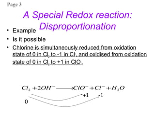 A Special Redox reaction:
Disproportionation
• Example
• Is it possible
• Chlorine is simultaneously reduced from oxidation
state of 0 in Cl2 to -1 in Cl-
, and oxidised from oxidation
state of 0 in Cl2 to +1 in ClO-
.
O
H
Cl
ClO
OH
Cl 2
2 2 +
+

→

+ −
−
−
0
+1 -1
 