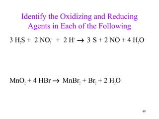 49
Identify the Oxidizing and Reducing
Agents in Each of the Following
3 H2S + 2 NO3
–
+ 2 H+
→ 3 S + 2 NO + 4 H2O
MnO2 + 4 HBr → MnBr2 + Br2 + 2 H2O
 