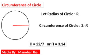 Circumference of Circle
Let Radius of Circle : R
Circumference of Circle : 2πR
Π = 22/7 or Π = 3.14
Maths By : Manohar Jha
 