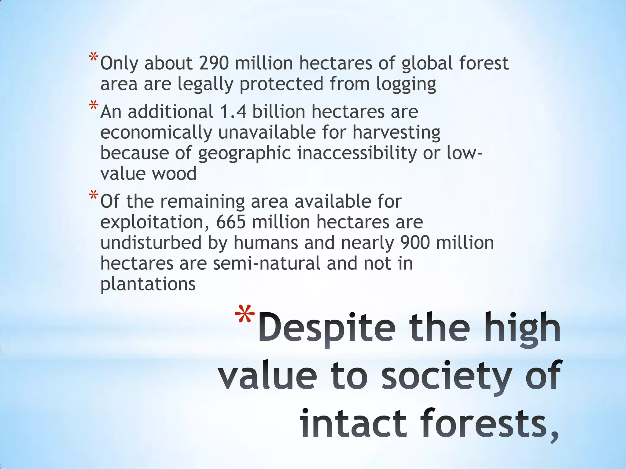 Despite the high value to society of intact forests, Only about 290 million hectares of global forest area are legally protected from loggingAn additional 1.4 billion hectares are economically unavailable for harvesting because of geographic inaccessibility or low-value woodOf the remaining area available for exploitation, 665 million hectares are undisturbed by humans and nearly 900 million hectares are semi-natural and not in plantations
