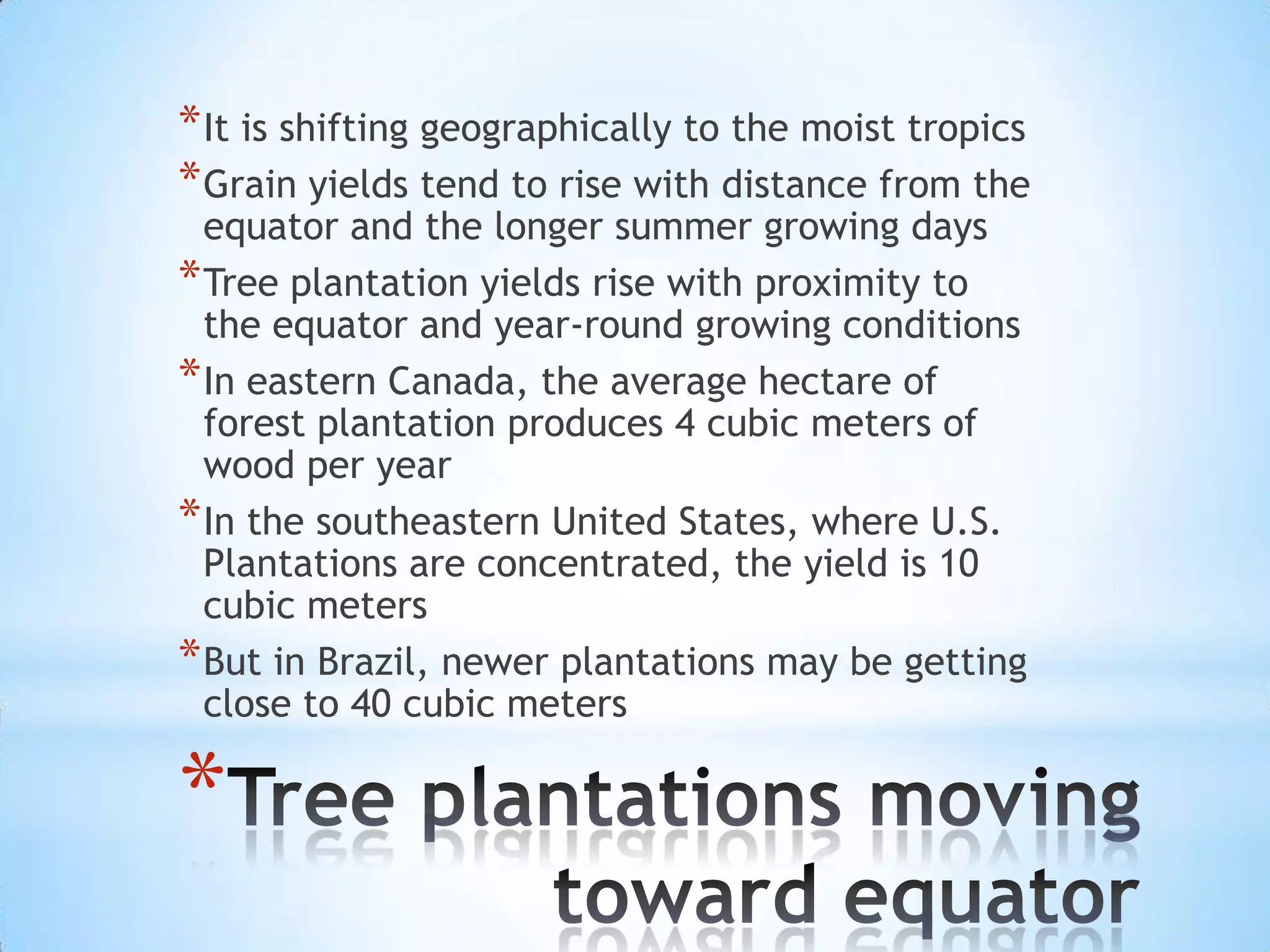It is shifting geographically to the moist tropicsGrain yields tend to rise with distance from the equator and the longer summer growing daysTree plantation yields rise with proximity to the equator and year-round growing conditionsIn eastern Canada, the average hectare of forest plantation produces 4 cubic meters of wood per yearIn the southeastern United States, where U.S. Plantations are concentrated, the yield is 10 cubic metersBut in Brazil, newer plantations may be getting close to 40 cubic metersTree plantations moving toward equator