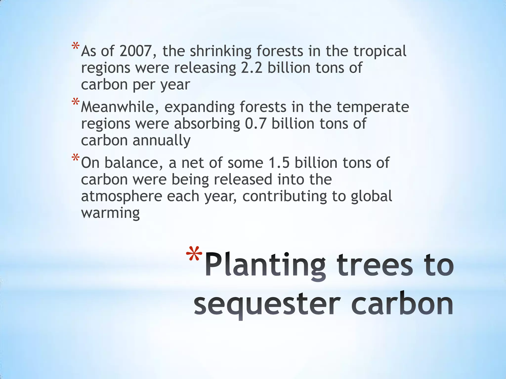 Planting trees to sequester carbonAs of 2007, the shrinking forests in the tropical regions were releasing 2.2 billion tons of carbon per yearMeanwhile, expanding forests in the temperate regions were absorbing 0.7 billion tons of carbon annuallyOn balance, a net of some 1.5 billion tons of carbon were being released into the atmosphere each year, contributing to global warming