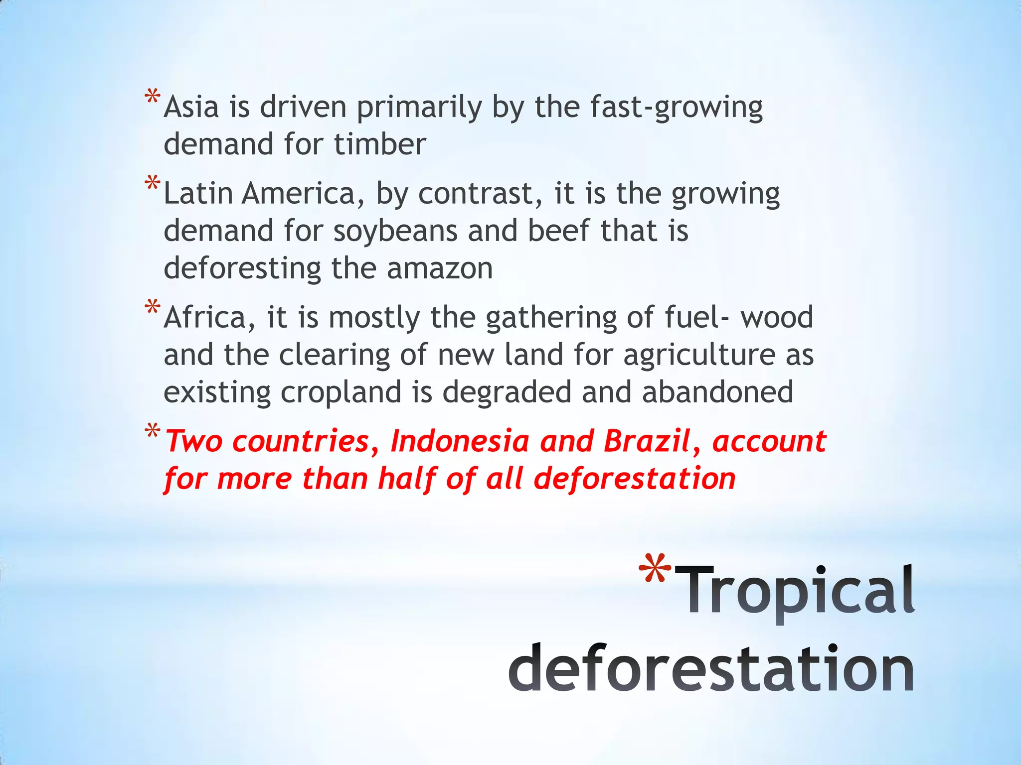 Asia is driven primarily by the fast-growing demand for timberLatin America, by contrast, it is the growing demand for soybeans and beef that is deforesting the amazonAfrica, it is mostly the gathering of fuel- wood and the clearing of new land for agriculture as existing cropland is degraded and abandonedTwo countries, Indonesia and Brazil, account for more than half of all deforestationTropical deforestation