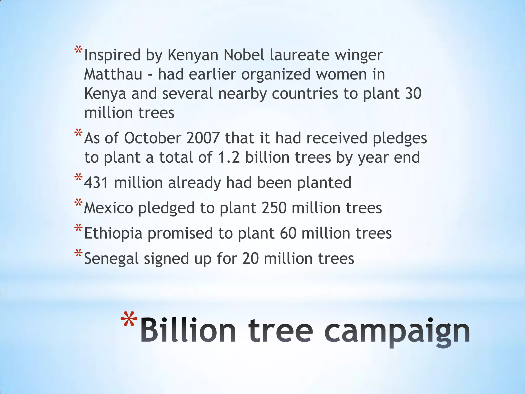 Inspired by Kenyan Nobel laureate winger Matthau - had earlier organized women in Kenya and several nearby countries to plant 30 million treesAs of October 2007 that it had received pledges to plant a total of 1.2 billion trees by year end431 million already had been plantedMexico pledged to plant 250 million treesEthiopia promised to plant 60 million trees Senegal signed up for 20 million treesBillion tree campaign 