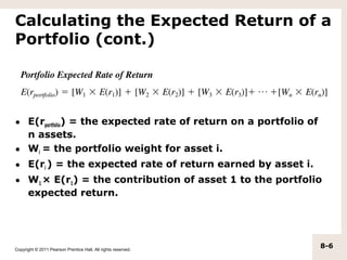 Calculating the Expected Return of a
Portfolio (cont.)




• E(rportfolio) = the expected rate of return on a portfolio of
  n assets.
• Wi = the portfolio weight for asset i.
• E(ri ) = the expected rate of return earned by asset i.
• W1 × E(r1) = the contribution of asset 1 to the portfolio
  expected return.




Copyright © 2011 Pearson Prentice Hall. All rights reserved.
                                                                  8-6
 