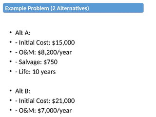 • Alt A:
• - Initial Cost: $15,000
• - O&M: $8,200/year
• - Salvage: $750
• - Life: 10 years
• Alt B:
• - Initial Cost: $21,000
• - O&M: $7,000/year
Example Problem (2 Alternatives)
 