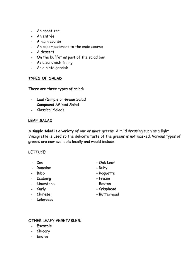 Chapter 8 salads and salad dressings