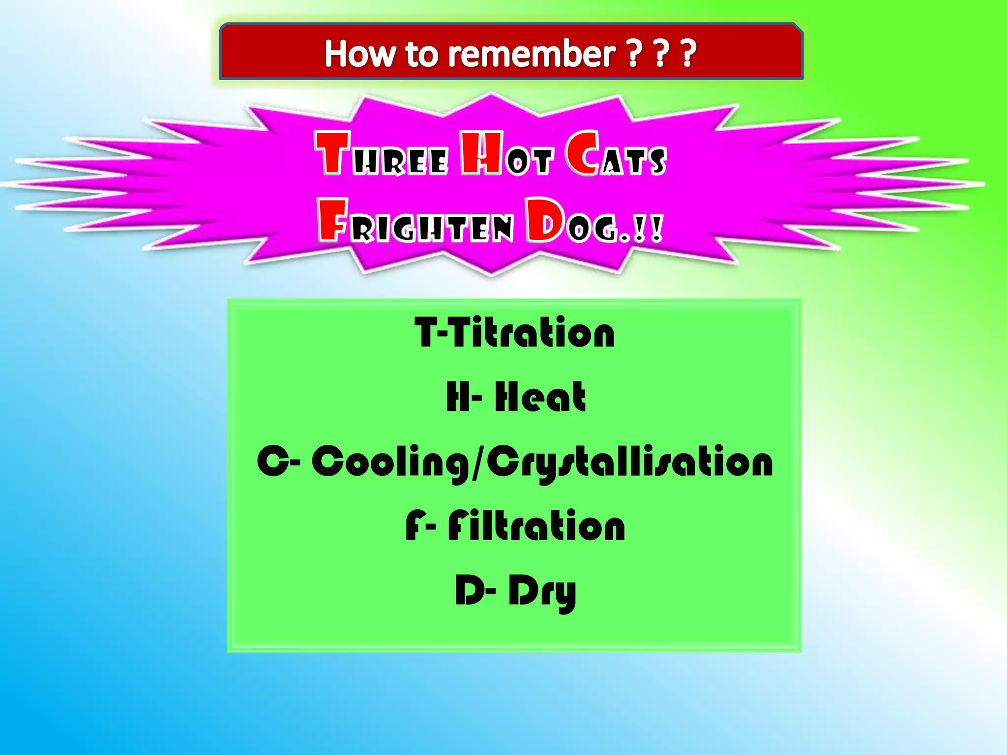 T-Titration
          H- Heat
C- Cooling/Crystallisation
       F- Filtration
          D- Dry
 