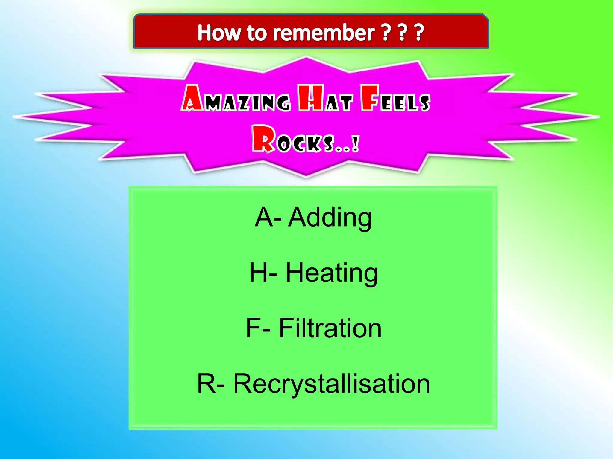 A- Adding

    H- Heating

    F- Filtration

R- Recrystallisation
 