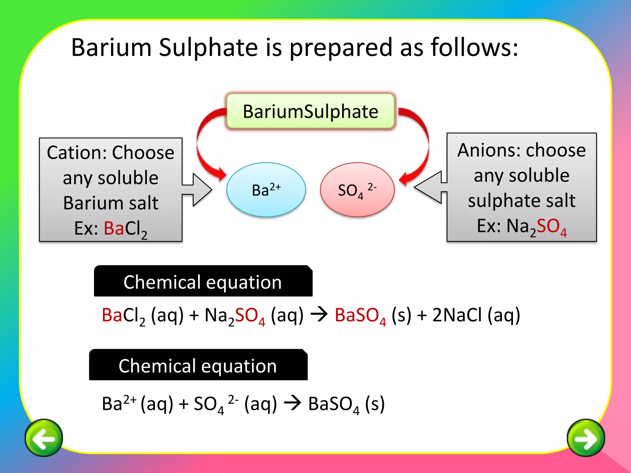 Barium Sulphate is prepared as follows:

                      BariumSulphate
Cation: Choose                                Anions: choose
 any soluble                                    any soluble
                       Ba2+       SO4 2-
 Barium salt                                   sulphate salt
   Ex: BaCl2                                    Ex: Na2SO4

        Chemical equation
     BaCl2 (aq) + Na2SO4 (aq)  BaSO4 (s) + 2NaCl (aq)

       Chemical equation
     Ba2+ (aq) + SO4 2- (aq)  BaSO4 (s)
 