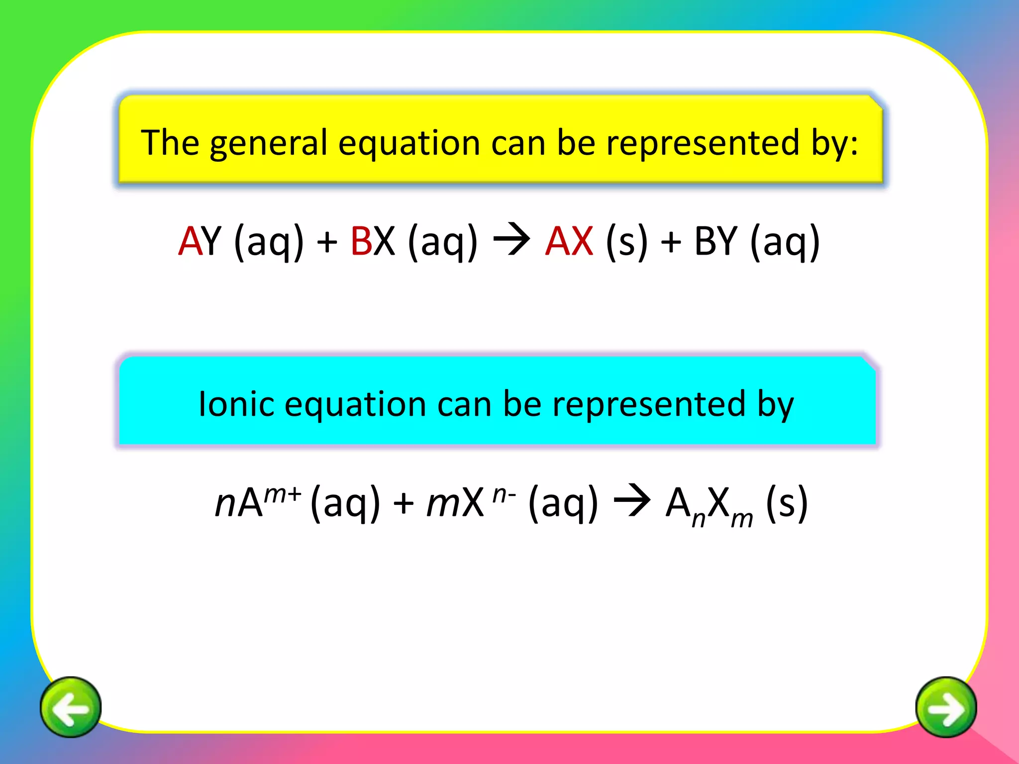 The general equation can be represented by:

  AY (aq) + BX (aq)  AX (s) + BY (aq)


   Ionic equation can be represented by

    nAm+ (aq) + mX n- (aq)  AnXm (s)
 