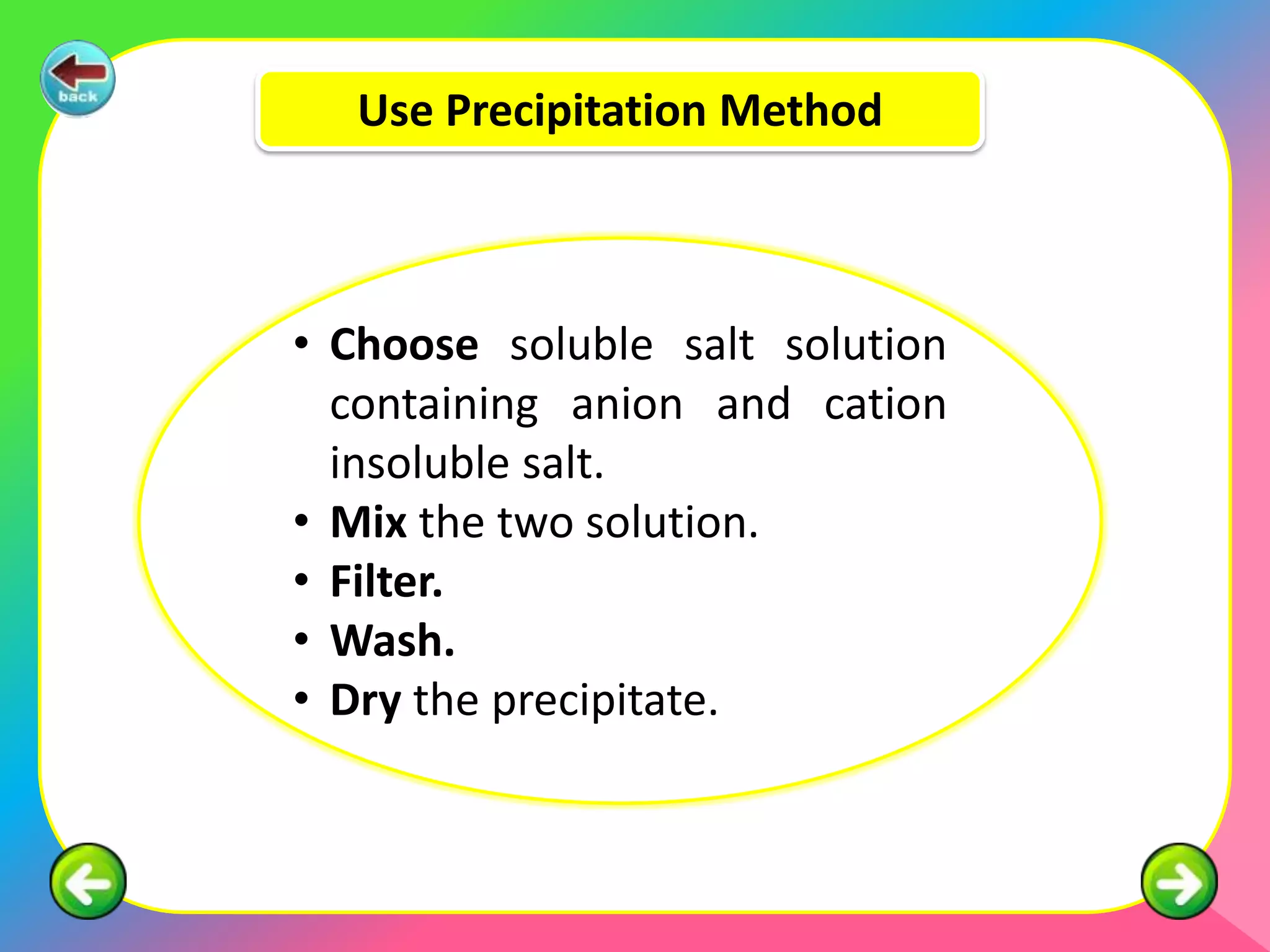Use Precipitation Method



• Choose soluble salt solution
  containing anion and cation
  insoluble salt.
• Mix the two solution.
• Filter.
• Wash.
• Dry the precipitate.
 