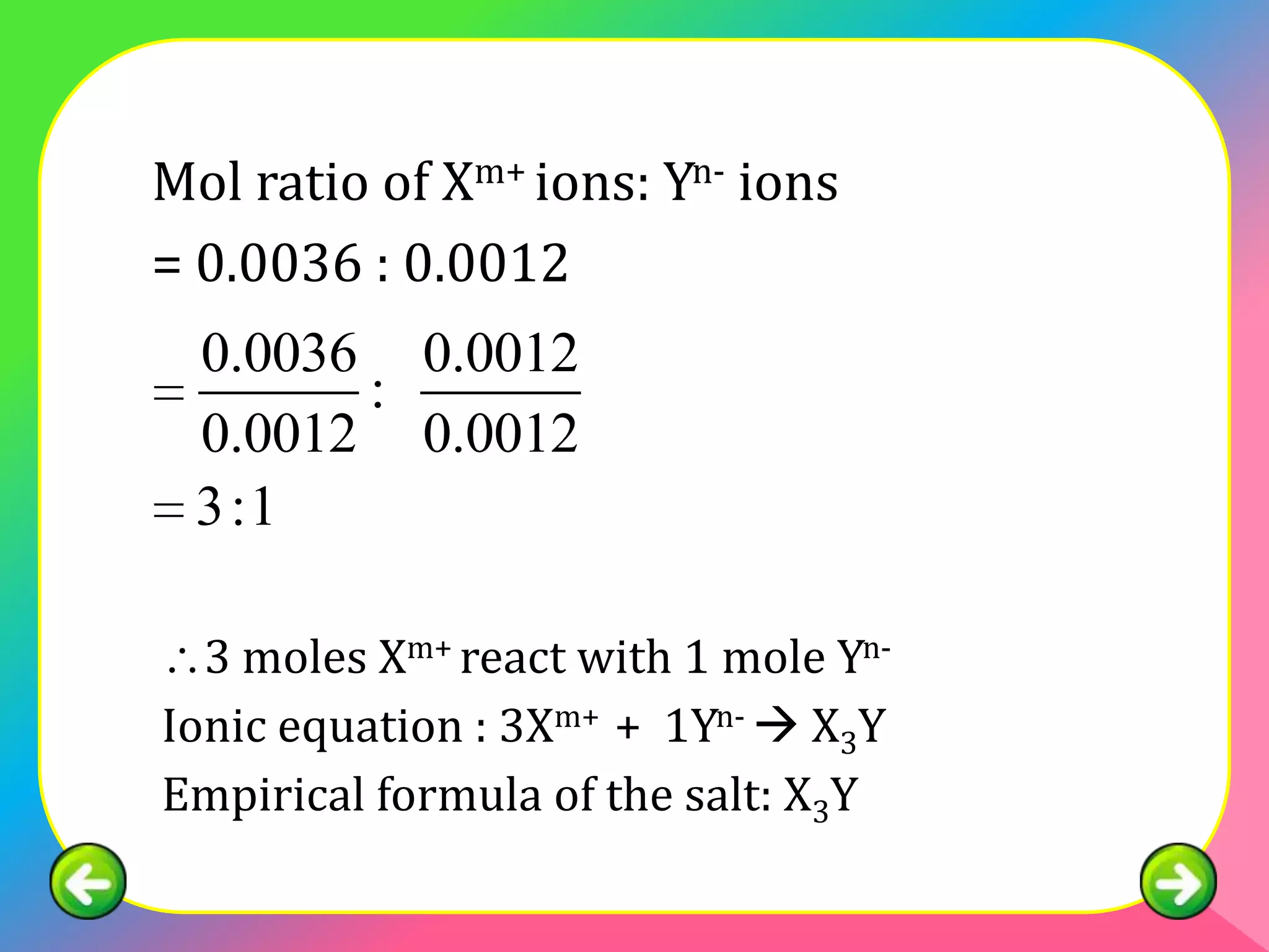 Mol ratio of Xm+ ions: Yn- ions
= 0.0036 : 0.0012
 0.0036 0.0012
       :
 0.0012 0.0012
 3:1

  3 moles Xm+ react with 1 mole Yn-
Ionic equation : 3Xm+ + 1Yn-  X3Y
Empirical formula of the salt: X3Y
 
