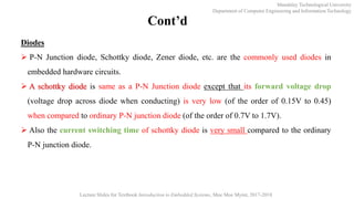 Diodes
 P-N Junction diode, Schottky diode, Zener diode, etc. are the commonly used diodes in
embedded hardware circuits.
 A schottky diode is same as a P-N Junction diode except that its forward voltage drop
(voltage drop across diode when conducting) is very low (of the order of 0.15V to 0.45)
when compared to ordinary P-N junction diode (of the order of 0.7V to 1.7V).
 Also the current switching time of schottky diode is very small compared to the ordinary
P-N junction diode.
Mandalay Technological University
Department of Computer Engineering and Information Technology
Lecture Slides for Textbook Introduction to Embedded Systems, Moe Moe Myint, 2017-2018
Cont’d
 