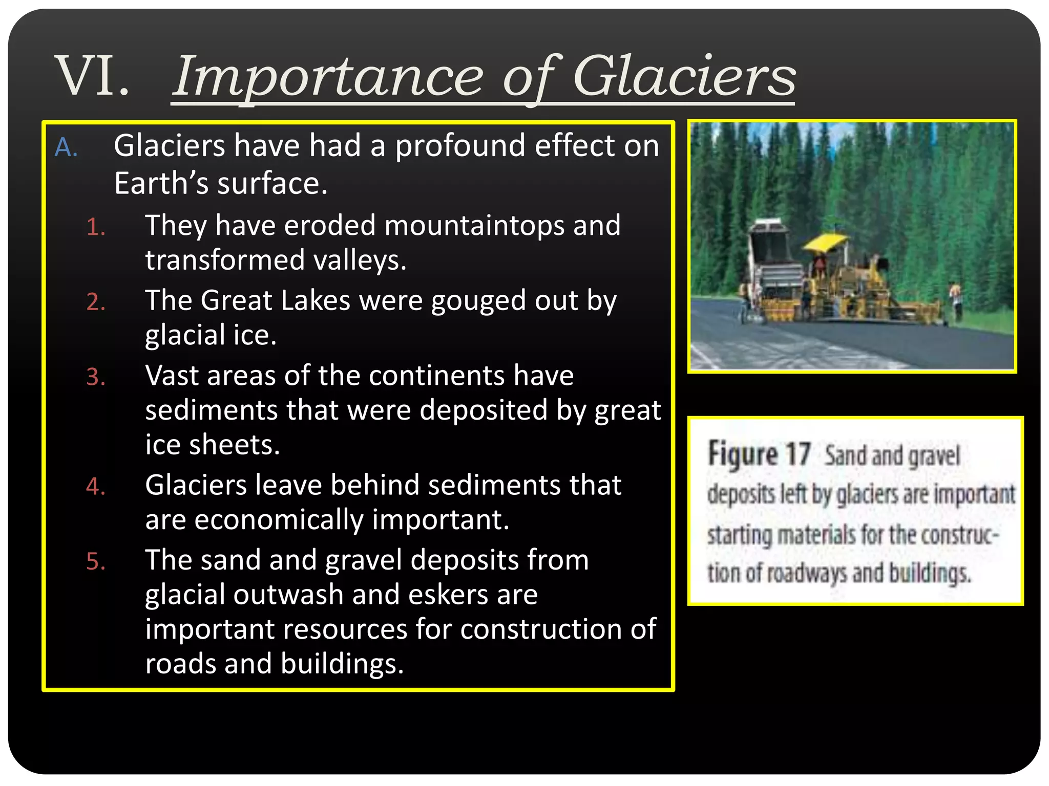 VI.  Importance of GlaciersGlaciers have had a profound effect on Earth’s surface.  They have eroded mountaintops and transformed valleys. The Great Lakes were gouged out by glacial ice. Vast areas of the continents have sediments that were deposited by great ice sheets.  Glaciers leave behind sediments that are economically important. The sand and gravel deposits from glacial outwash and eskers are important resources for construction of roads and buildings. 