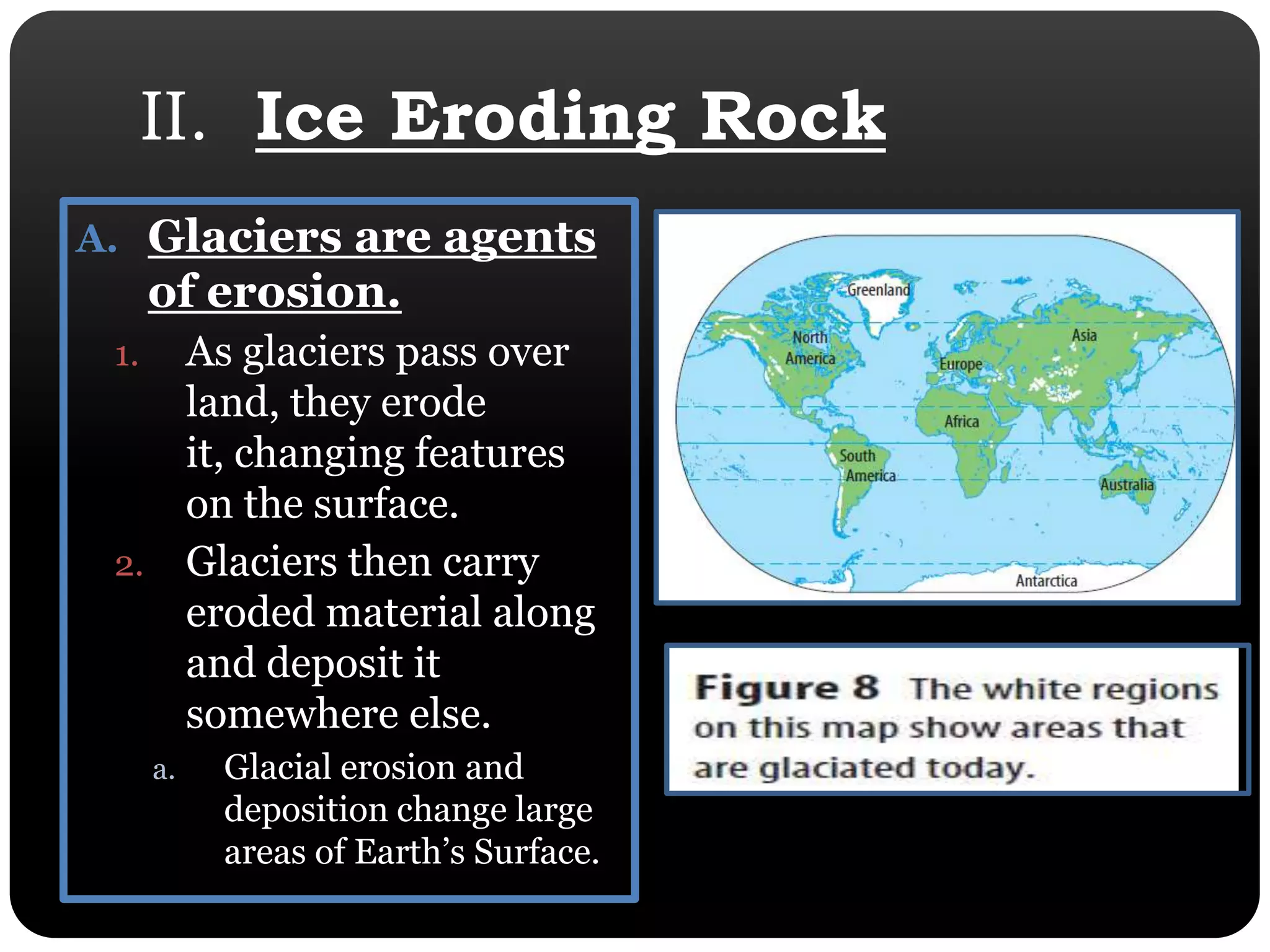 II.  Ice Eroding RockGlaciers are agents of erosion. As glaciers pass over land, they erode it, changing features on the surface. Glaciers then carry eroded material along and deposit it somewhere else. Glacial erosion and deposition change large areas of Earth’s Surface.