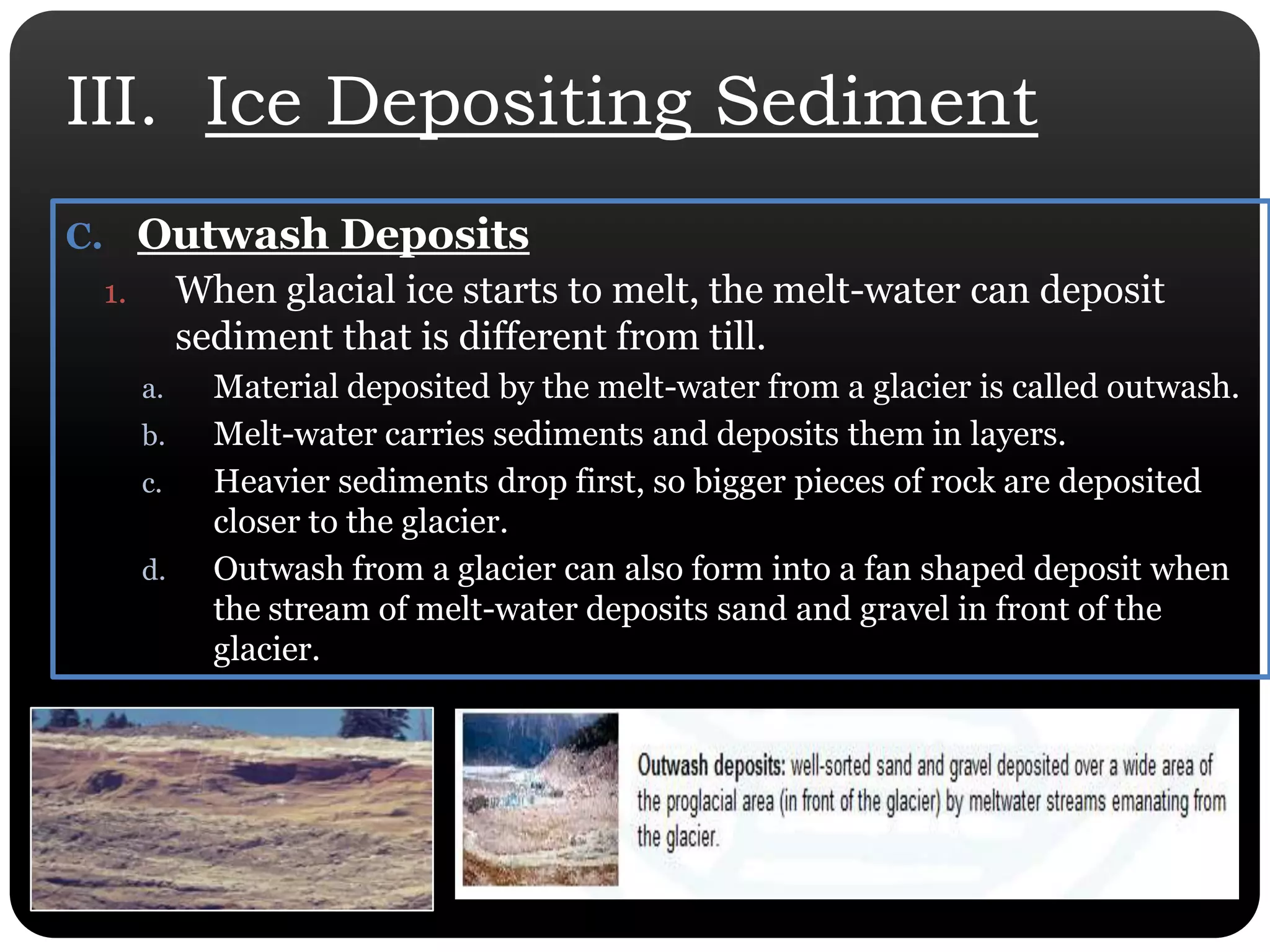 III.  Ice Depositing SedimentOutwash DepositsWhen glacial ice starts to melt, the melt-water can deposit sediment that is different from till. Material deposited by the melt-water from a glacier is called outwash. Melt-water carries sediments and deposits them in layers. Heavier sediments drop first, so bigger pieces of rock are deposited closer to the glacier. Outwash from a glacier can also form into a fan shaped deposit when the stream of melt-water deposits sand and gravel in front of the glacier. 