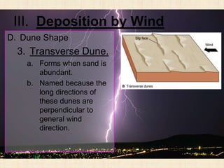 III. Deposition by Wind
D. Dune Shape
  3. Transverse Dune.
    a. Forms when sand is
       abundant.
    b. Named because the
       long directions of
       these dunes are
       perpendicular to
       general wind
       direction.
 