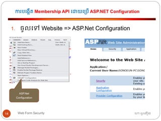 ការបធងកើត្ Membership API ធោយធ្បើ ASP.NET Configuration
ហោ សូ ហនឿនWeb Form Security14
1. ចូលធៅ Website => ASP.Net Configuration
ASP.Net
Configuration
 