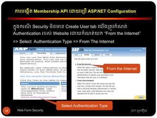 ការបធងកើត្ Membership API ធោយធ្បើ ASP.NET Configuration
ហោ សូ ហនឿនWeb Form Security16
កនុងករណី Security មិនមាន Create User tab ធយើង្ត្ូវកាំណត្់
Authentication របស់ Website ធោយកាំណត្់យក “From the Internet”
=> Select Authentication Type => From The Internet
Select Authentication Type
From the Internet
 