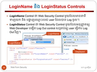 LoginName និង LoginStatus Controls
ហោ សូ ហនឿនWeb Form Security26
 LoginName Control ជា Web Security Control មួយដដលមាននាទ្ី
ទញយក និង បងាា ញធឈ្លម ោះរបស់ user ដដលបាន Log ចូល។
 LoginStatus Control ជា Web Security Control មួយដដលអ្នុញ្ញា ត្ឲ្យ
Web Developer បធងកើត្ Log Out control ស្មាប់ឲ្យ user ធ្វើការ Log
Out វីញ។
LoginName
LoginStatus
Displayed
 