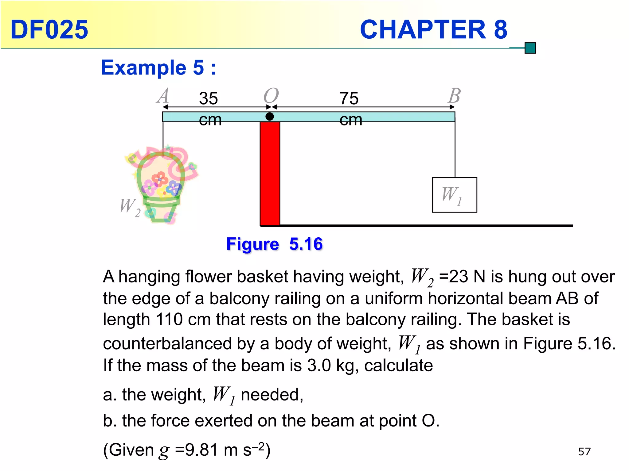 DF025                                    CHAPTER 8
        Example 5 :
               A    35       O         75              B
                    cm                 cm



                                                       W1
         W2
                         Figure 5.16
        A hanging flower basket having weight, W2 =23 N is hung out over
        the edge of a balcony railing on a uniform horizontal beam AB of
        length 110 cm that rests on the balcony railing. The basket is
        counterbalanced by a body of weight, W1 as shown in Figure 5.16.
        If the mass of the beam is 3.0 kg, calculate
        a. the weight, W1 needed,
        b. the force exerted on the beam at point O.
        (Given g =9.81 m s2)                                      57
 