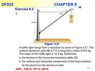 DF025                                    CHAPTER 8
        Exercise 8.2 :
        3.




                                   Figure 5.21
          A traffic light hangs from a structure as show in Figure 5.21. The
          uniform aluminum pole AB is 7.5 m long has a mass of 8.0 kg.
          The mass of the traffic light is 12.0 kg. Determine
          a. the tension in the horizontal massless cable CD,
          b. the vertical and horizontal components of the force exerted
             by the pivot A on the aluminum pole.
                                                                       71
        ANS. : 248 N; 197 N, 248 N
 