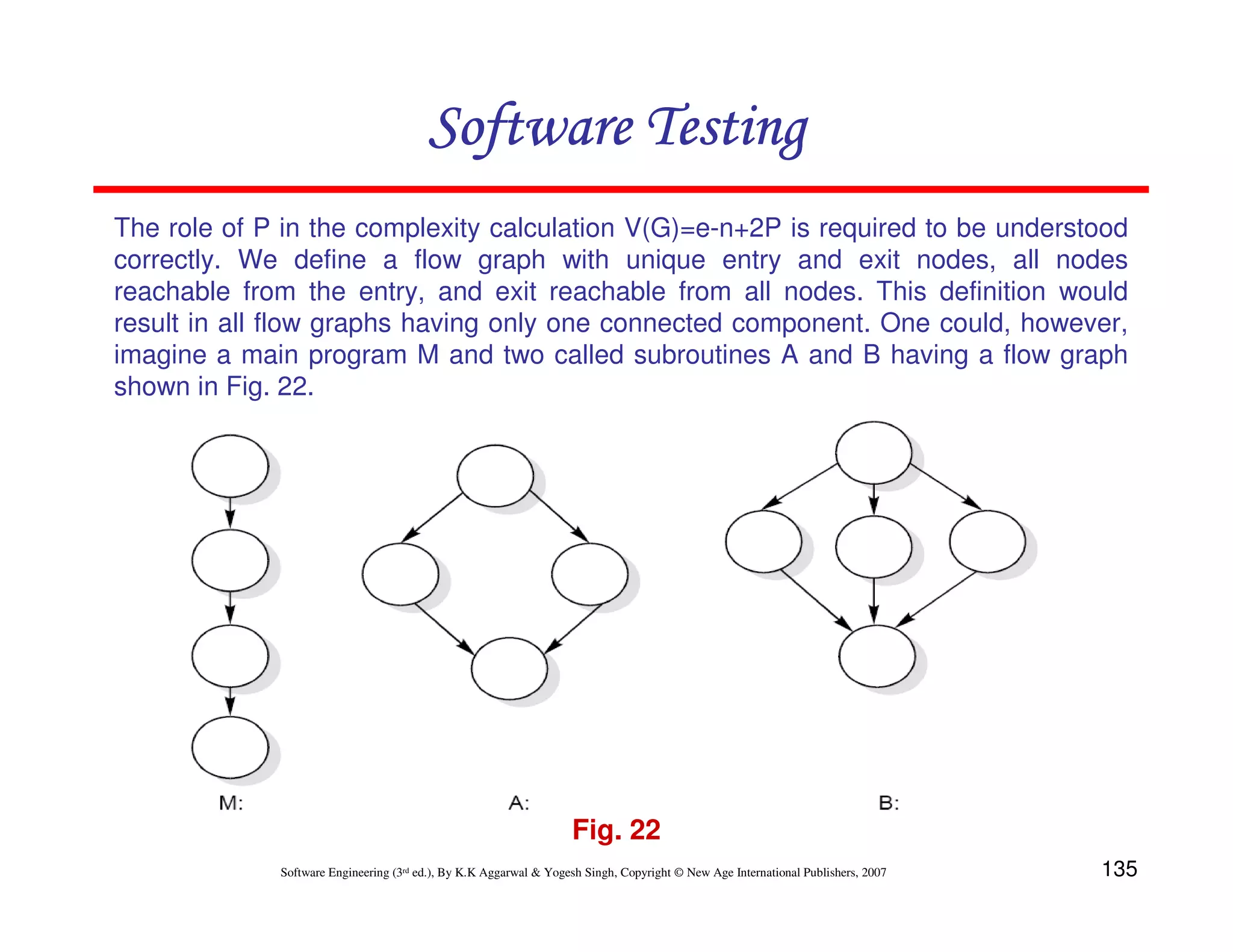 Software Testing
The role of P in the complexity calculation V(G)=e-n+2P is required to be understood
correctly. We define a flow graph with unique entry and exit nodes, all nodes
reachable from the entry, and exit reachable from all nodes. This definition would
result in all flow graphs having only one connected component. One could, however,
imagine a main program M and two called subroutines A and B having a flow graph
shown in Fig. 22.

Fig. 22
Software Engineering (3rd ed.), By K.K Aggarwal & Yogesh Singh, Copyright © New Age International Publishers, 2007

135

 