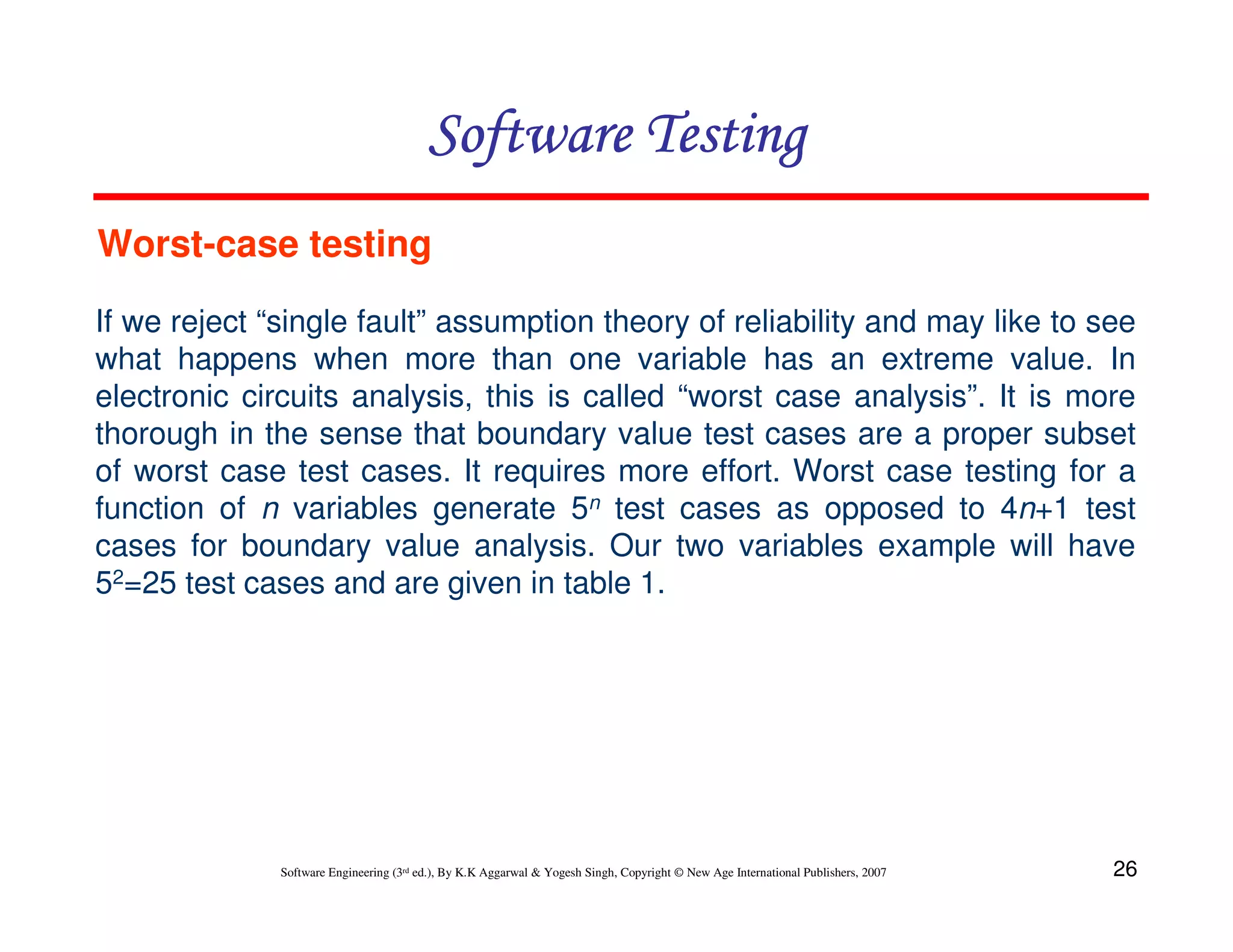 Software Testing
Worst-case testing
If we reject “single fault” assumption theory of reliability and may like to see
what happens when more than one variable has an extreme value. In
electronic circuits analysis, this is called “worst case analysis”. It is more
thorough in the sense that boundary value test cases are a proper subset
of worst case test cases. It requires more effort. Worst case testing for a
function of n variables generate 5n test cases as opposed to 4n+1 test
cases for boundary value analysis. Our two variables example will have
52=25 test cases and are given in table 1.

Software Engineering (3rd ed.), By K.K Aggarwal & Yogesh Singh, Copyright © New Age International Publishers, 2007

26

 
