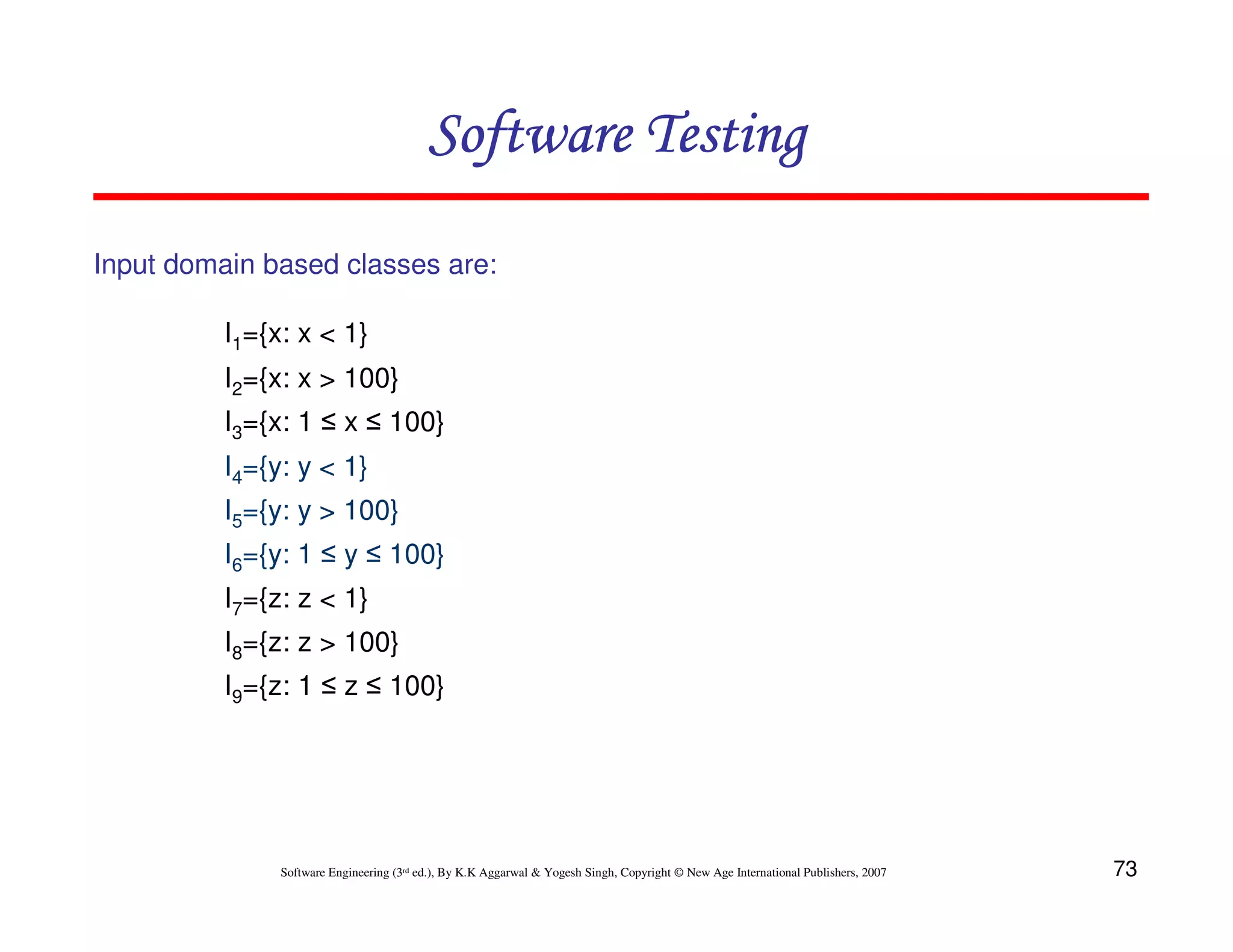 Software Testing
Input domain based classes are:
I1={x: x < 1}
I2={x: x > 100}
I3={x: 1 ≤ x ≤ 100}
I4={y: y < 1}
I5={y: y > 100}
I6={y: 1 ≤ y ≤ 100}
I7={z: z < 1}
I8={z: z > 100}
I9={z: 1 ≤ z ≤ 100}

Software Engineering (3rd ed.), By K.K Aggarwal & Yogesh Singh, Copyright © New Age International Publishers, 2007

73

 